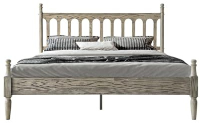 Queen Size Bed Frame, Solid Wood Platform Bed with Headboard & Footboard, Central Metal Legs, 12 Sturdy Slatted Base, Anti-Noise & Slip-Free, No Box Spring Needed, Weathered Gray Oak Finish WCQ-34