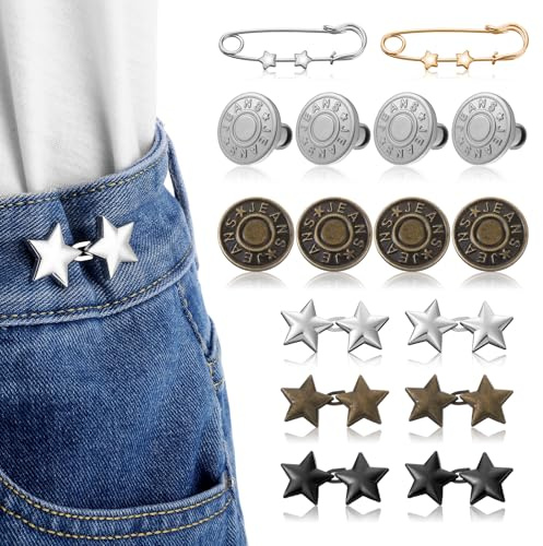 Ouligay 16 Sets Waist Tightener Clips Buttons Pins for Loose Jeans No Sew Jean Waist Tightener Adjustable and Reusable Star Buttons Replacement Metal Pants Trouser Clips Silver
