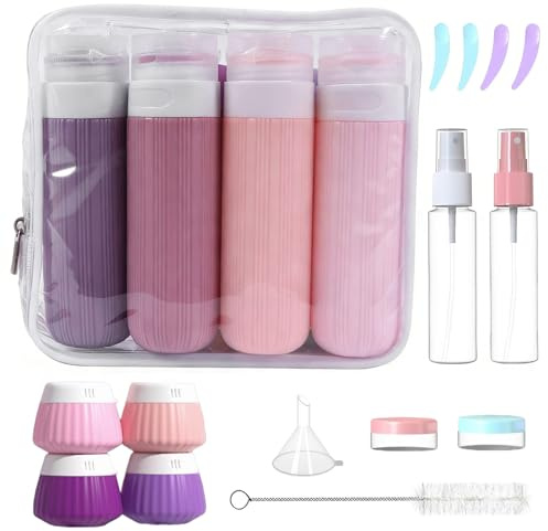 Kit 18 Piezas Botellas de Viaje Silicona, Reutilizables y a Prueba de Fugas, Vacías para Rellenar, Sin BPA, con Etiquetas, Ideal para Cosméticos, Artículos Aseo, Loción (Púrpura)