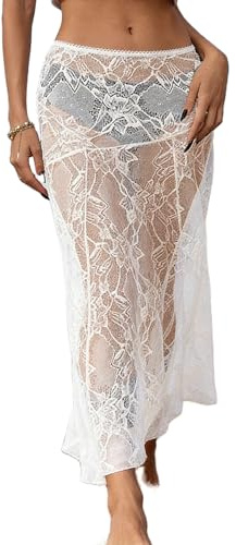 Yoisdtxc Women Sheer Lace Long Summer Skirts Low Rise See Through Cover Up for Beach Seaside