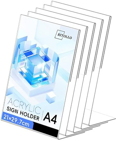 RITOLLO 5-Pack A4 Acrylic Sign Holders, Slanted Back | Clear slanted-back Perspex display for menus, posters and notices on counters, reception desks and tables