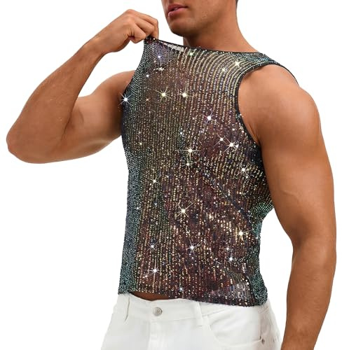 FEOYA paljetter linne män ärmlös rund hals paljetter skjorta män metallic glänsande topp disco rave party nattklubb sommar t-shirt väst