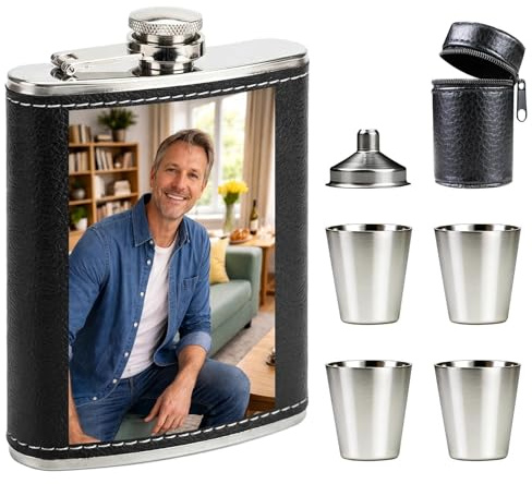 Loongway Personalisiert Flachmann mit Foto - Flachmann Kunstleder - Geeignet für Whiskey Rum und Wodka Partys Camping & Grillen