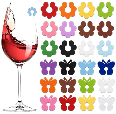 OPVYAEU 24 Pezzi Segna Bicchieri Calici in Silicone, Identificatore Bicchieri a Forma di Farfalla e Fiore di Prugna, Segnabicchieri per Calici da Vino e Acqua per Feste e Party, 12 Colori Assortiti