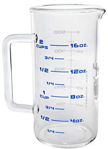 hBARSCI Industrial Beaker Mug, 500ml - Extra Heavy Duty 3.3 Borosilicate Glass - Tall Form, with Spout - Double Sided, Printed Graduations in Cups, Ounces & Milliliters
