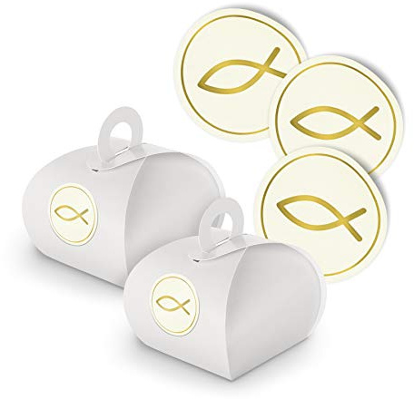 itenga Set Fisch 24x Geschenkschachteln inkl Sticker Aufkleber für Gastgeschenk Taufe Kommunion Konfirmation (Gold, Karton (Weiß))