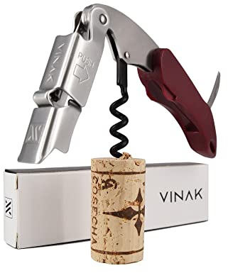 VINAK Tire-bouchon professional XPERT, couteau de sommelier en acier inoxydable avec double support articulé + décapsuleur + couteau coupe-capsule et spirale téflonnée. (D - Bordeaux)