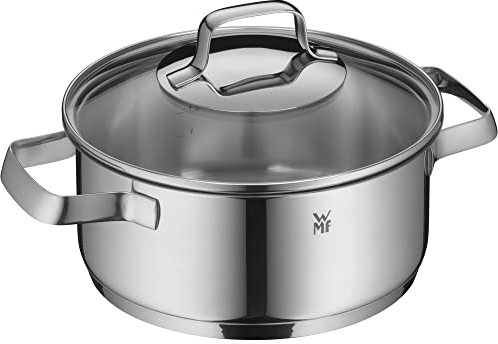 WMF Belmonte Kochtopf klein 20cm, kleiner Topf mit Glasdeckel, Nudeltopf, Bratentopf Induktion 2,5l, Cromargan Edelstahl poliert, unbeschichtet