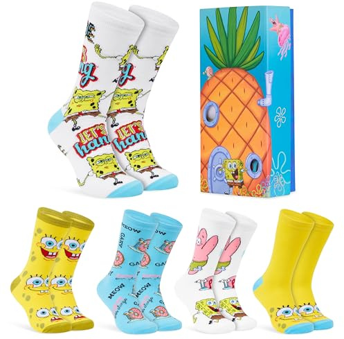 SpongeBob Schwammkopf Socken Herren Teenager Größe 40–45, Weich Lustige Bunte Socken im 5er-Pack, Warme Geschenke für Männer