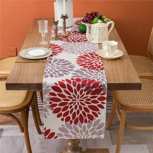 Tischläufer Sommer Tischläufer Frühling Modern Rot und Grau Dahlie Lange Tischdecke Abwaschbar Leinen Tischwäsche 40 x 140cm Bauernhaus Rustikale Feiertagsdekoration für Küche Esstisch Dekoration