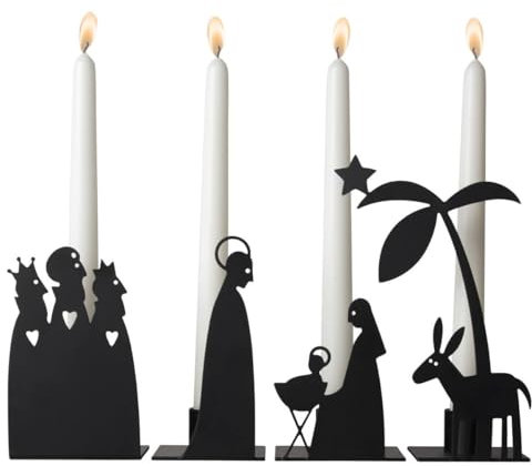 4-teilige Kerzenhalter-Set Krippe aus schwarzem, matt gearbeiteten Metall ist mit den stimmungsvollen, weihnachtlichen Motiven