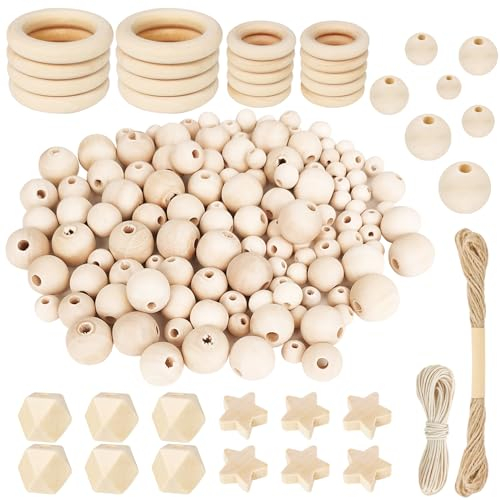 HavaCue 160 Stück Holzperlen Makramee Set,10-20MM Holzkugeln mit Loch,Makramee Zubehör zum Auffädeln Natur,Holzringe zum Basteln,Holzperlen Holzring Set für DIY Schmuck Herstellungsprozess