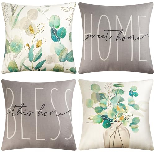 KOUGAS Kissenbezug 45x45cm 4er Set Dekokissen Kissenbezüge Dekoration Outdoor Kissenbezüge Leinen Dekokissen für Schlafzimmer, Sofa, Stuhl, Bett Bedruckter (grau Grün)