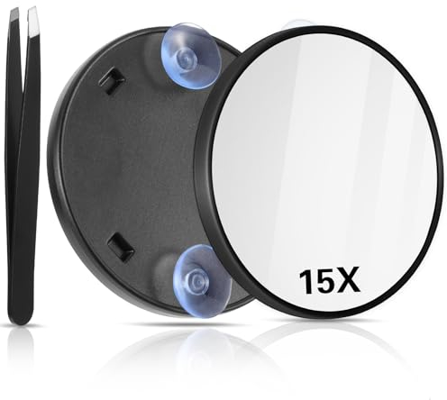 AOZUO Miroir grossissant de voyage, miroir de maquillage rond 15x avec 2 ventouses et pince à épiler, kit pour enlever les points noirs et les imperfections (noir)