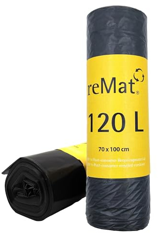 reMat Bolsas de Basura 120l Fabricadas con Material Reciclado 100% (PCR), 20 Bolsas, Resistentes al Desgarro, Inodoras, Ideales para la Recogida Residuos Reciclables o no Reciclables