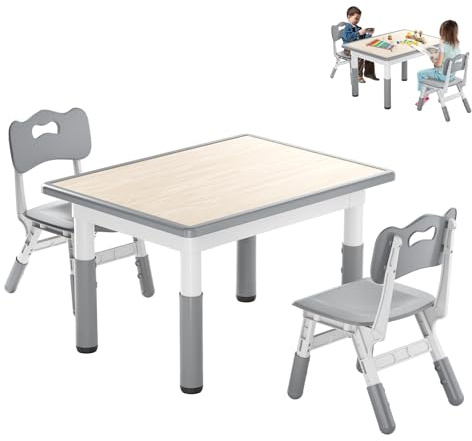 AufuN Barnbord med 2 stolar, barnbordsgrupp med justerbar höjd, barnrumsbord och stoluppsättningar för dagis, barnmöbler av plast, sittgrupp för pojkar flickor, 80 x 60 x 60 cm
