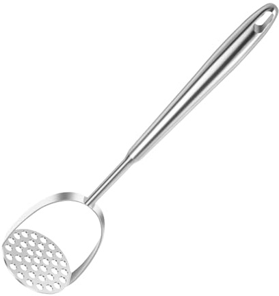 Schiacciapatate in acciaio inox con manico in legno, resistente, schiacciapatate integrato, utensile da cucina, per avocado, patate, fagioli (argento)