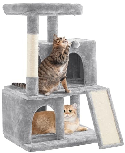 Yaheetech 106 cm Cat Tree for Indoor Cats with 2 Condos, Light Grey | Multi Level Cat Tower, Cat Scratching Post, Sisal Cat Scratching Board, Dangling Ball, 49 x 45.5cm Base, FSC-certified