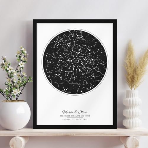 Mappa stellare personalizzata per data, stampa del cielo notturno personalizzata con cornice, regalo per anniversario di matrimonio per coppia (35 x 50 cm)