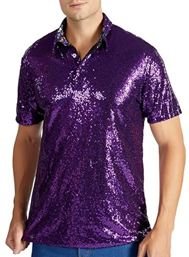 Felcia Herr Glitter Casual Vintage Toppar Kortärmad Nedfällbar Sparkle Sequins Skjorta 70-talet Disco Nattklubb Partykläder för män, A-lila, M