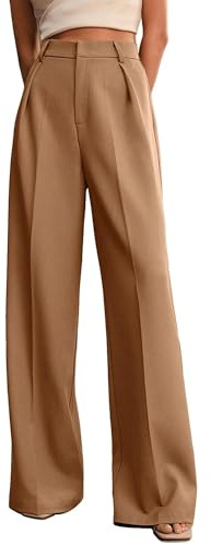 XISOXU Wide Leg Work Pants Women High Waist Straight Business Casual Dress Pants Casual Palazzo Trousers with Pockets Khaki M