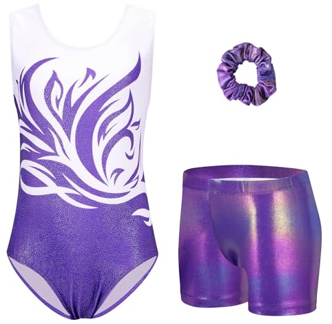 Arshiner Kinder Gymnastik Trikot Mädchen Sommer Weiß Lila Dreiteilig Gymnastikanzug Ärmellos Turnanzug Outfit Glitzer Turn-Leotard Tanzbekleidung 160/11-12 Jahre