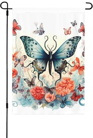 Bandera de jardín retro con diseño de hortensias y mariposas, 70 x 102 cm, bandera decorativa de doble cara de poliéster resistente a la intemperie para césped, patio, balcón, patio trasero