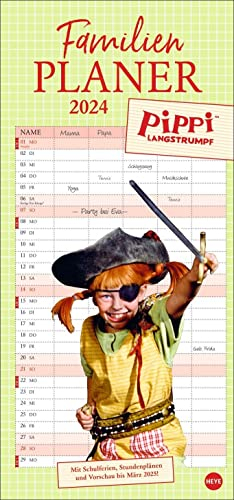 Planificador familiar Pippi 2024 con fotos de películas de culto. Calendario familiar con 5 columnas. Calendario familiar con vacaciones escolares y horarios.