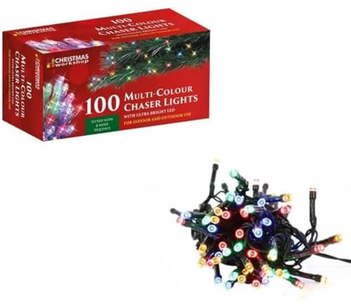 The Christmas Workshop 77270 100 Multi-Coloured LED Chaser Christmas Lights/Indoor or Outdoor Fairy Lights / 6.9 Metres / 8 Light Modes/Great for Christmas, Weddings & Gardens
