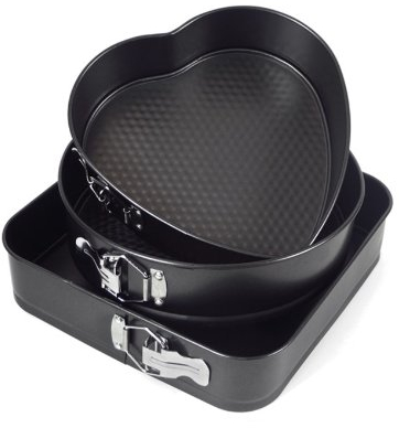 Pack of 3 Non-Stick Springform Cake Tins for Baking Square, Round & Heart Shaped