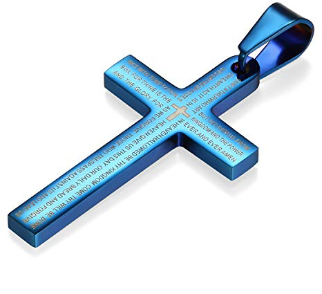 Flongo Herrenkette Männer Anhänger, Edelstahl Anhänger Halskette Blau Kreuz Bibel Lords Prayer Poliert Herren,mit 55cm Kette