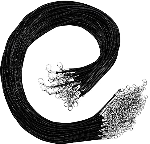 Kurtzy 50 Pack Black Waxed Necklace Cord with Chain and Lobster Clasp - 48.5cm / 19.09 Inches - Bulk DIY Polyester Jewellery Making Rope for String Pendant Necklaces, Bracelets & Anklets