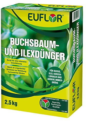 Euflor Buchsbaum- und Ilexdünger 2,5 kg Faltschachtel•Spezialdünger für Buxus,Ilex,Kirschlorbeer und immergrüne Laubgehölze•organisch-mineralischer Spezialdünger•für dichten Wuchs und intensives Grün