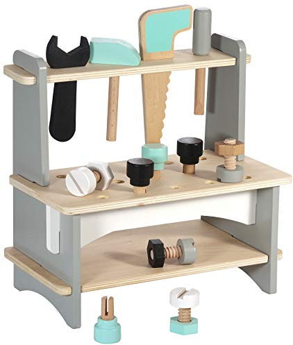 Kindsgut Werkbank aus Holz, Spiel-Spaß zum Bauen Schrauben und Hämmern, hochwertige Qualität, Schlichtes Design und dezente Farben, Motorik-Spielzeug, Kinder