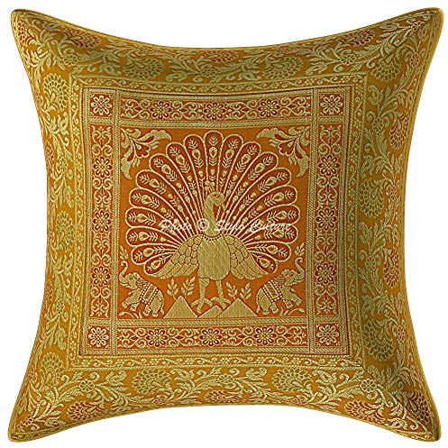 Stylo Culture Indio Fundas De Cojines Decorativos 40x40 cm Brocado De Seda Pavo Real Fundas Almohadones Silla Amarillo Mostaza Jacquard Cuadrado Cremallera Fundas para Almohadas De Cama - 1 Pc