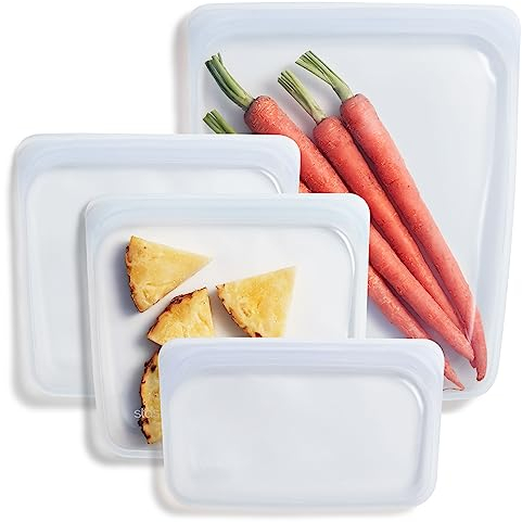 Stasher Bag Premium Silikonbeutel wiederverwendbar für Lebensmittel, Lot de 4, Klar, Dauerhaft, Backofen, spülmaschinen & Gefrierfest, Umweltfreundlich, Für Essenszubereitung, Mehrzweckbehälter