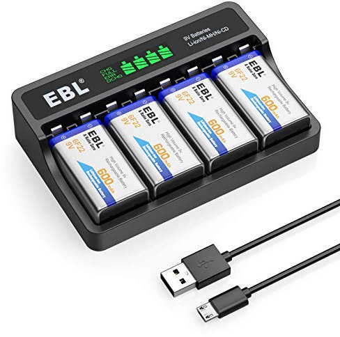 EBL 9 Volt 600mAh Rechargeable Batteries Li-ion Batteries with Smart LCD 9V Battery Charger for 9V Lithium-ion/Ni-MH/Ni-CD Rechargeable Batteries