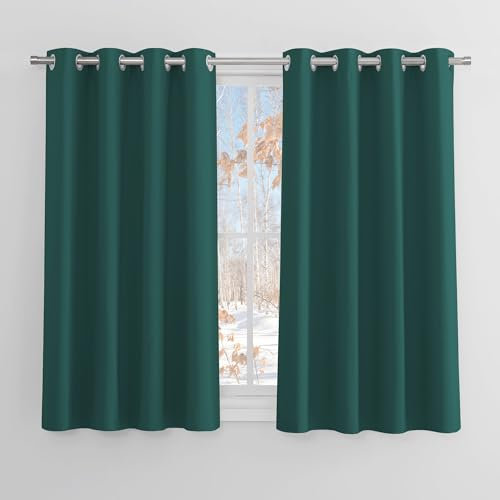 PONY DANCE Eyelet Dark Green Eyelet Christmas Curtains - Thermal Insulated Blackout Curtains Super Soft Short Window Treatment 46 x 54-inch for Bedroom/Kitchen/Small Window, Set of 2