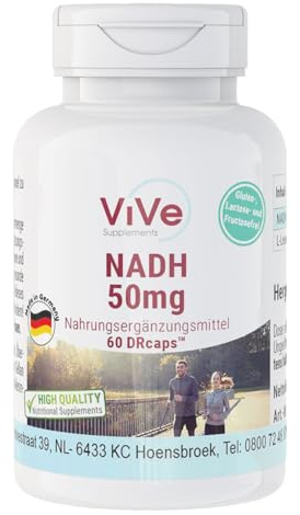 NADH 50 mg - 60 Kapseln - schluckfreundlich, vegan und stabil - zeitverzögerte DRcaps - 2 Monats-Versorgung | Qualität aus Deutschland von ViVe Supplements