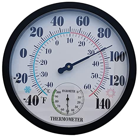 Innen AußEn Thermometer, Garten, Wand, Terrasse, Wetter Thermometer, Hygrometer, GroßE Zahl, 25,4 Cm Durchmesser (Schwarz)
