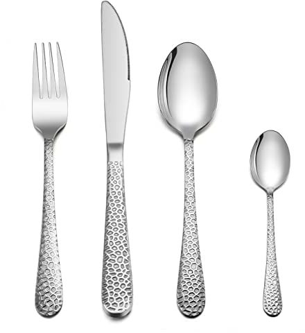 Herogo Cutlery Set, 24 Pieces Cutlery Set for 6 People, Stainless Steel Flatware Tableware Include Dinner Knife, Dinner Fork, Dinner Spoon, Teaspoon, Mirror Polish & Hammered Handle, Dishwasher Safe
