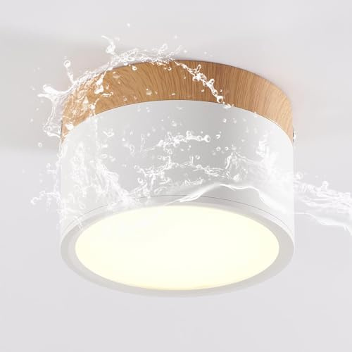 Schindora Apparecchio da soffitto a LED, faretto da superficie per decorazioni in legno, apparecchio per mini-soffitto, rotondo, bianco, bianco caldo 3000 K, 12 W.