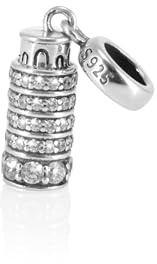 Jewellbox Breloque en argent sterling S925 avec pendentif en forme de tour de Pise étincelante Italie, Argent sterling Argent