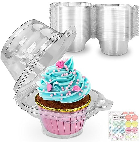 CoKeeSun 30 PCS Cupcake Boxes Single, 4 Inch Clear Individual Cupcake Containers, Reusable Wedding Cake Boxes for Guests, Cupcake Cases with Stickers for Muffins, Cheesecakes, Salad