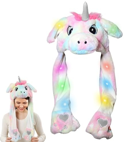 Wackelohr Nütze mit Led, Einhorn Horn mütze mit Licht, Led Mütze, Beweglichen Ohren Drücken der Tiermütze, Plüsch Einhorn Mütze mit Wackelohren, Lustige Hüte Einhörner Hut für Winter Fasching Cosplay