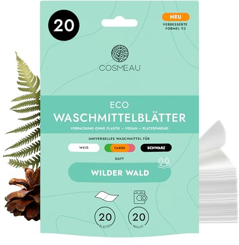 Cosmeau Waschmittel Blätter Wildwald - bis zu 20 Waschgänge (20 Blätter) - Nachhaltiges Waschmittel für Weiß, Farbe und Schwarz - Plastikfrei, Abbaubar & Perfektes Reisewaschmittel