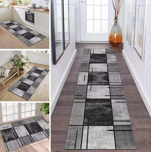 ZDYHMrj Teppich Läufer Flur Küche rutschfest waschbar Teppichläufer Lang 50X90CM Grau Schwarz Modern Design Meterware Korridor Tepiche Esszimmer Schlafzimmer Wohnzimmer Schmutzfangmatte Küchenteppich