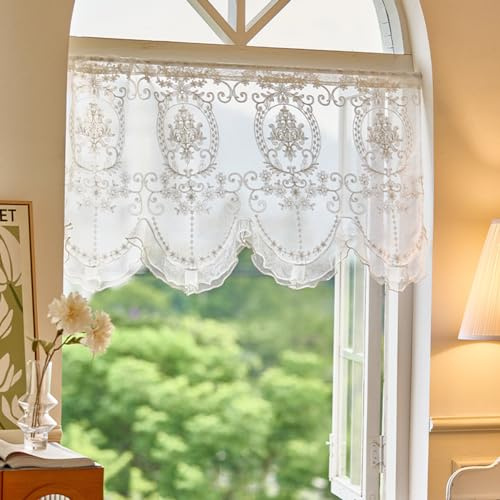 Lsimeru Spitze Bistrogardine Transparent Weiß Barock Muster mit Rüschen Voile Französische Scheibengardinen Spitzegardinen Kurzvorhang Kurzgardine Türvorhang in Küche Wohnzummer