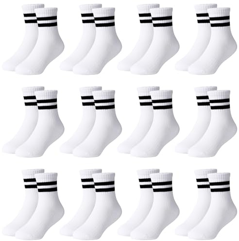 Moitiy 12 par strumpor pojkar tennisstrumpor barn barnstrumpor pojkar flickor sportstrumpor unisex bomullsstrumpor, Vit, 27-30