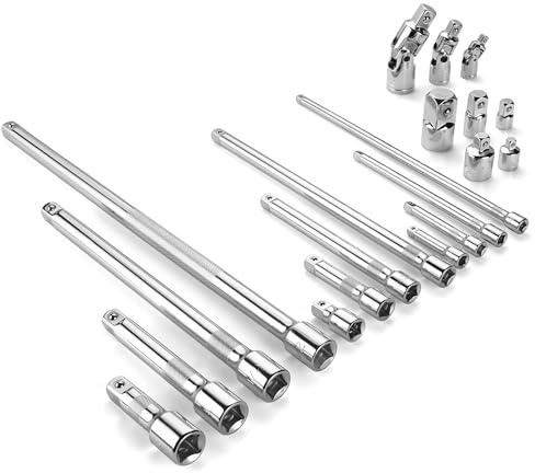 SK 20 Piece Socket Extension Set, 1/4, 3/8 and 1/2 Drive Extension Bar, Swivel Universal Joints and Adapters, SuperKrome Finish, Premium CR-V Construction